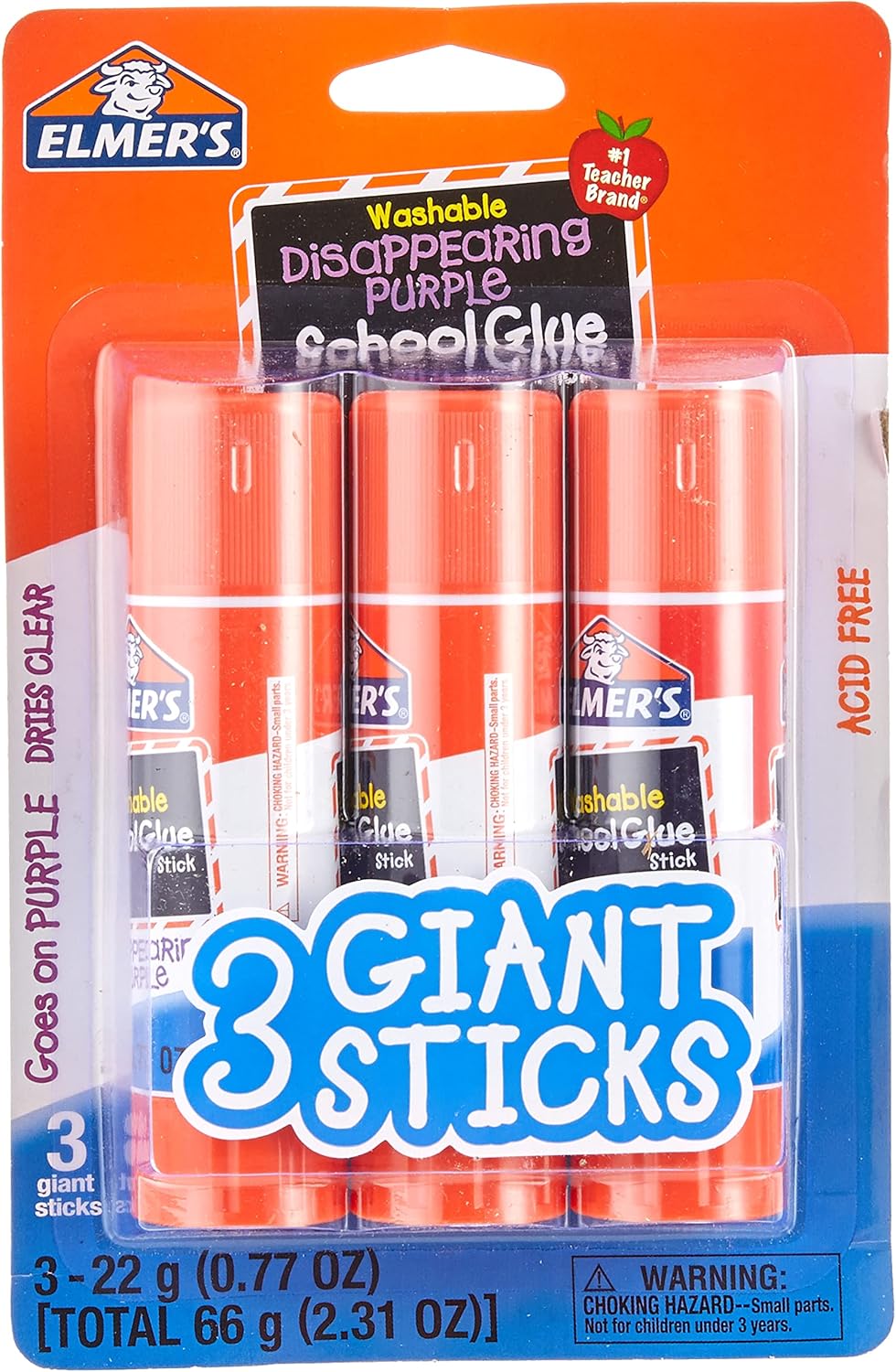 Elmer's Disappearing Purple School Glue Sticks, Washable, 22 Grams, 3 Count